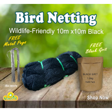 Wildlife Friendly Bird Netting BLACK 10m x 10m + Free Metal Garden Pegs + Black Grit refill